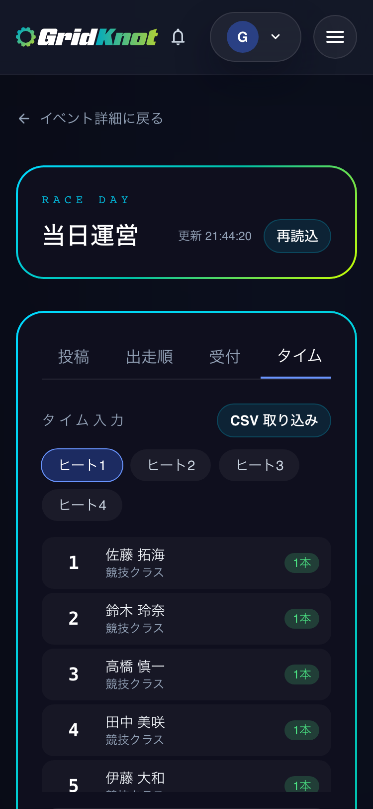 タイム入力画面。ヒートの選択と、ゼッケン順に並んだ参加者の一覧が表示されている