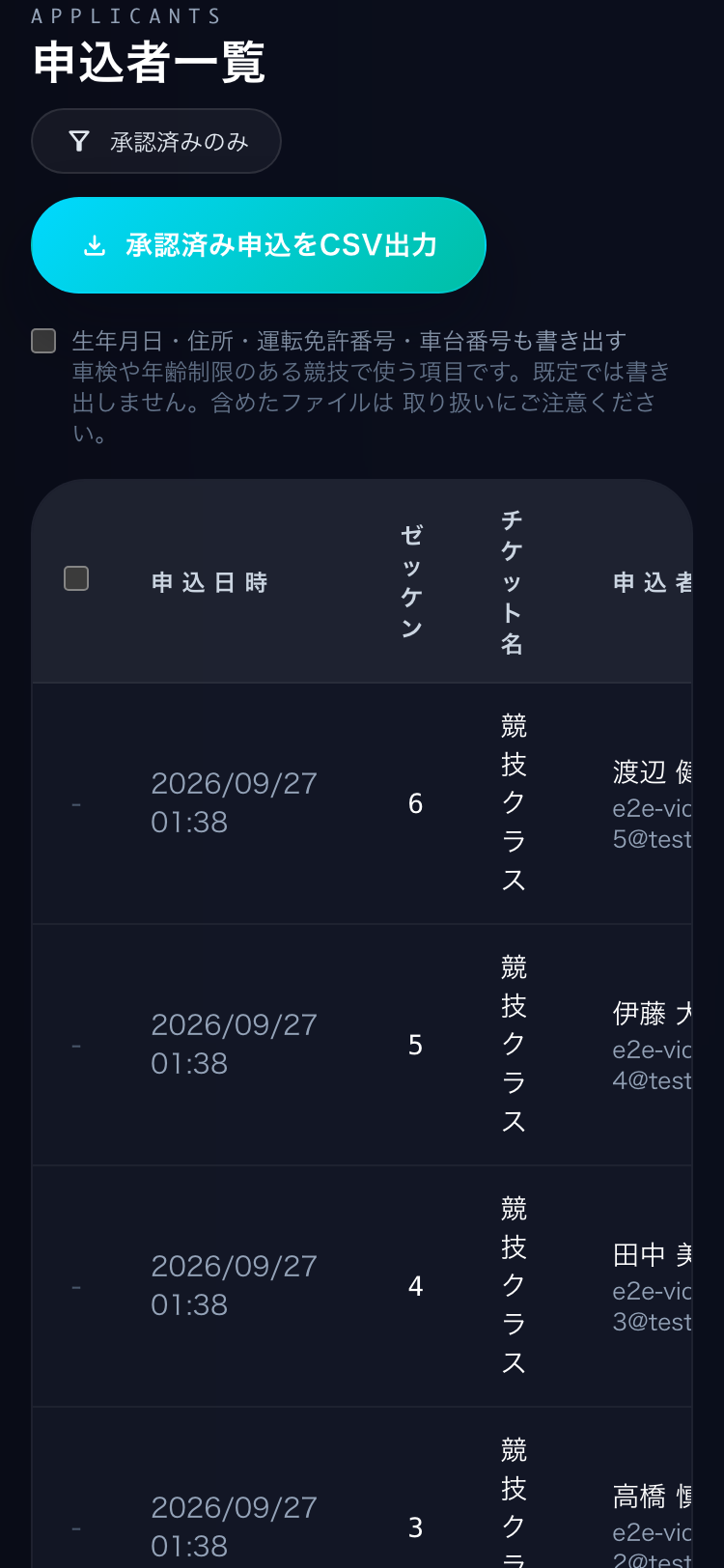 イベントの管理画面の申込者一覧。申込日時、ゼッケン、申込者、ステータス、操作の列 (スマートフォン)