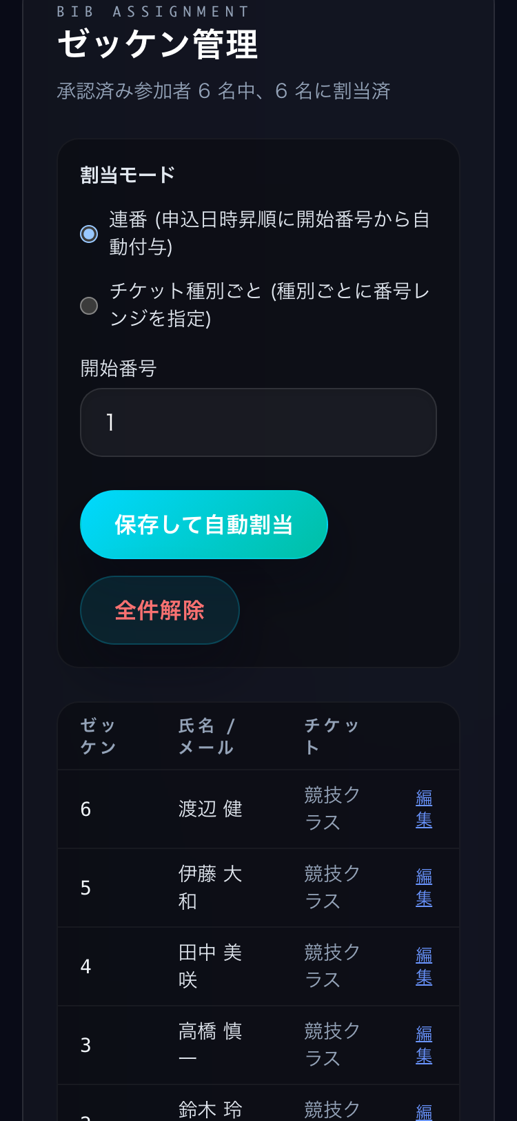 ゼッケン管理。割当モードと開始番号、保存して自動割当のボタン (スマートフォン)