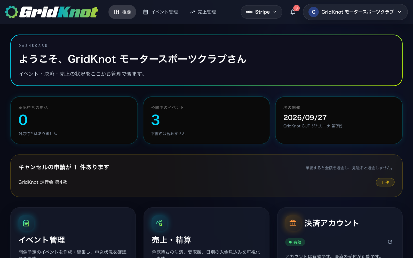 主催者のダッシュボードの概要。承認待ちの申込、公開中のイベント、次の開催、キャンセルの申請の件数 (PC)