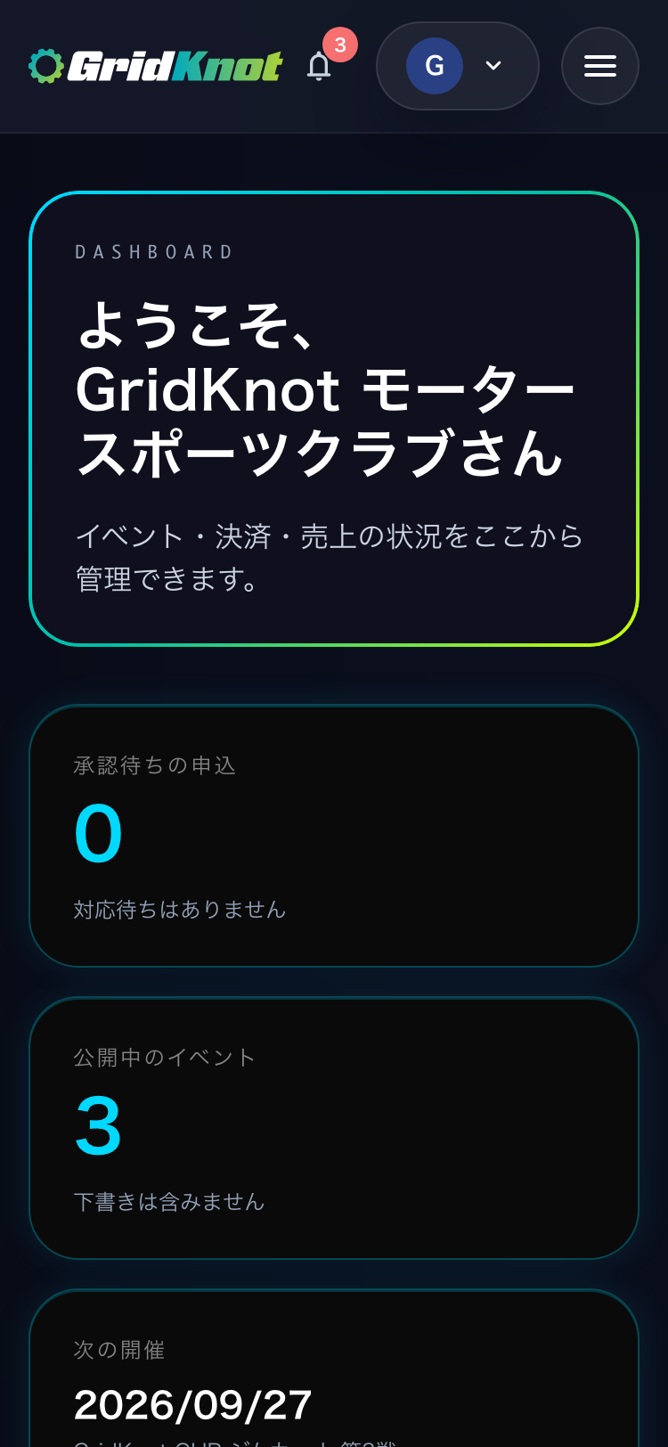 主催者のダッシュボードの概要。承認待ちの申込、公開中のイベント、次の開催、キャンセルの申請の件数 (スマートフォン)