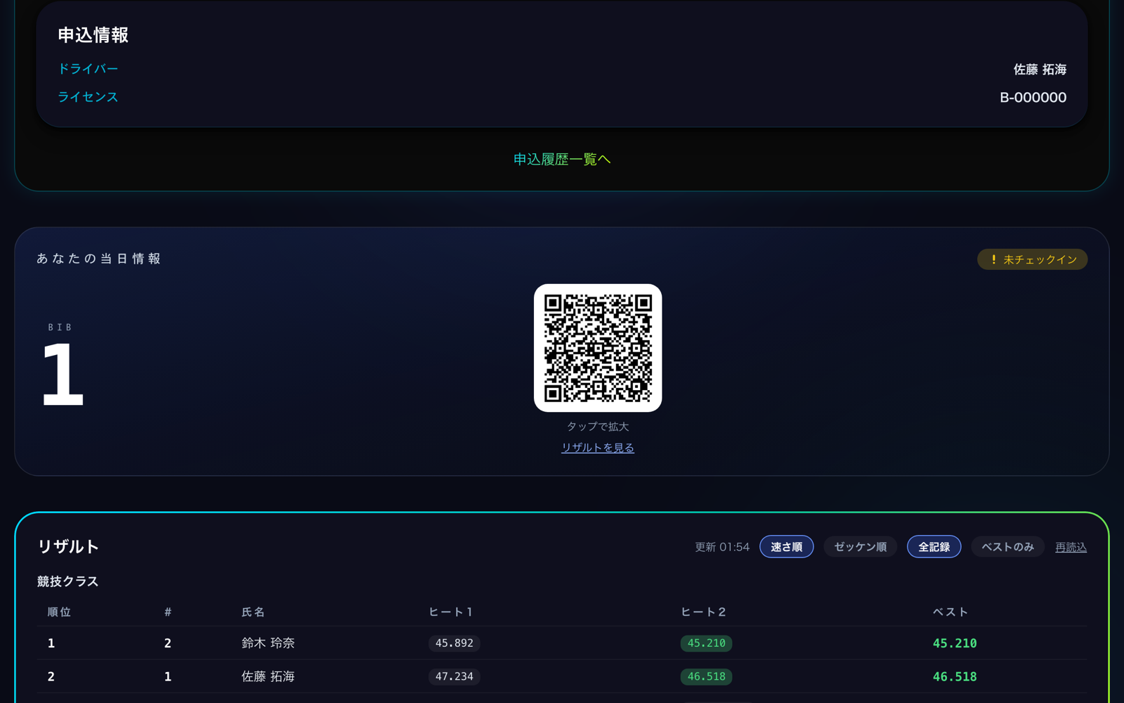 イベントページのあなたの当日情報。ゼッケン番号とチェックインの QR (PC)